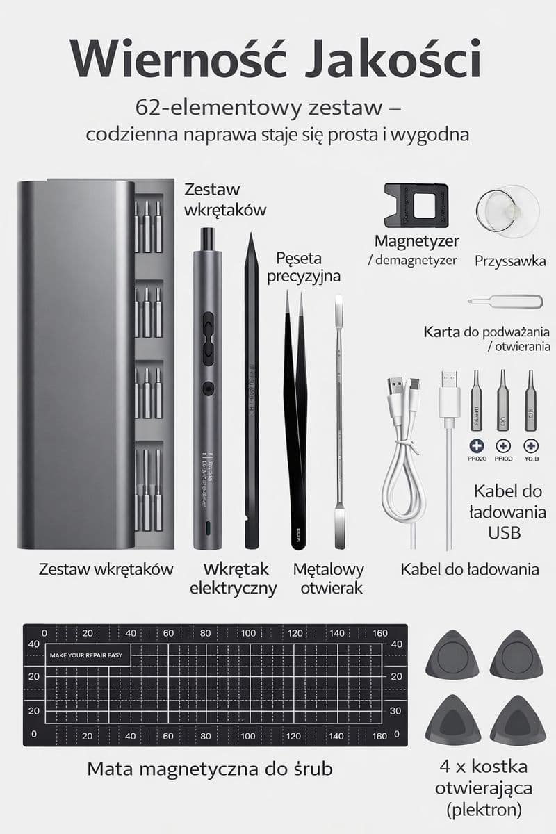 Elektryczny śrubokręt precyzyjny 62w1 – zestaw do naprawy elektroniki